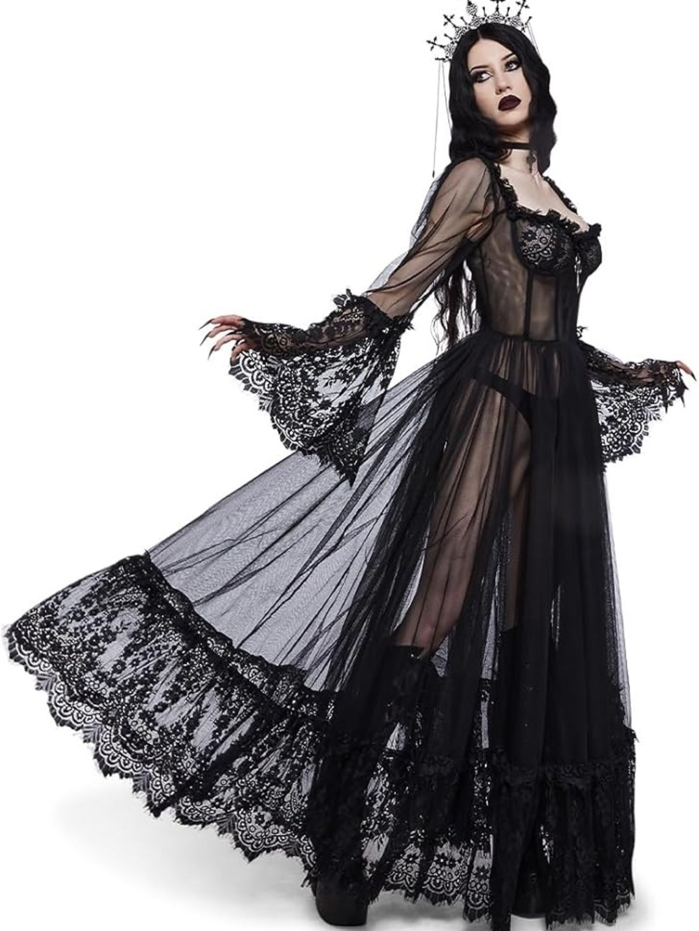 Dolls Kill Sheer Black Gothic Lace Prom Dress